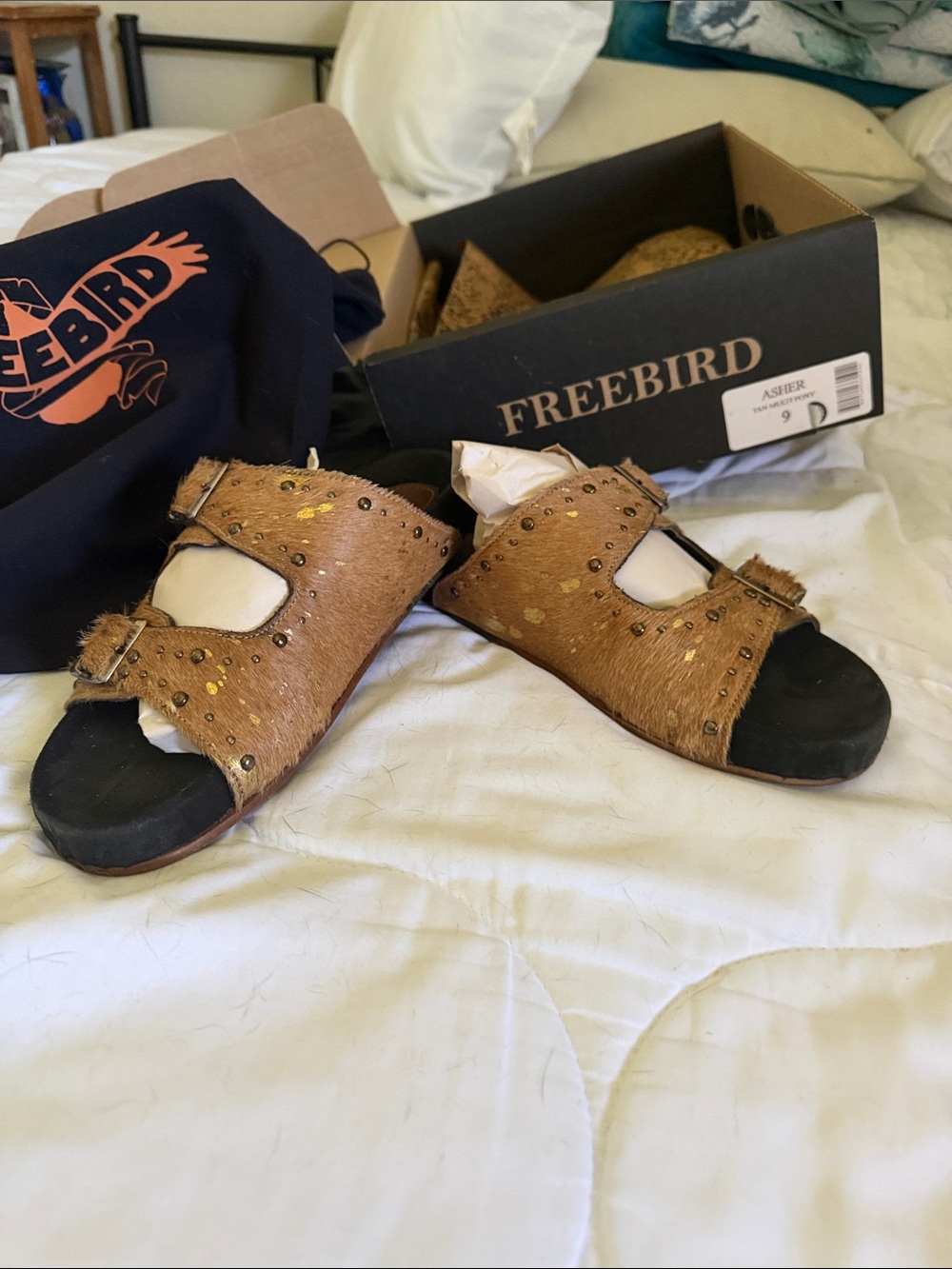 freebird ladies  Brown Haircalf Stud Slide Sandals